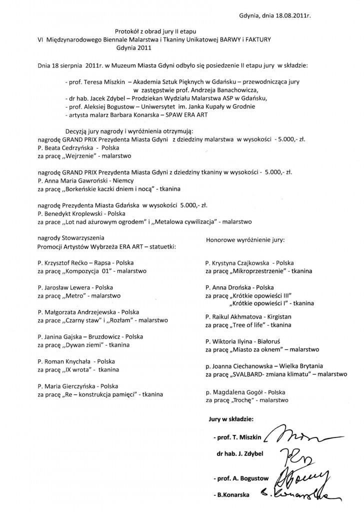 protokół wyników VI Biennale